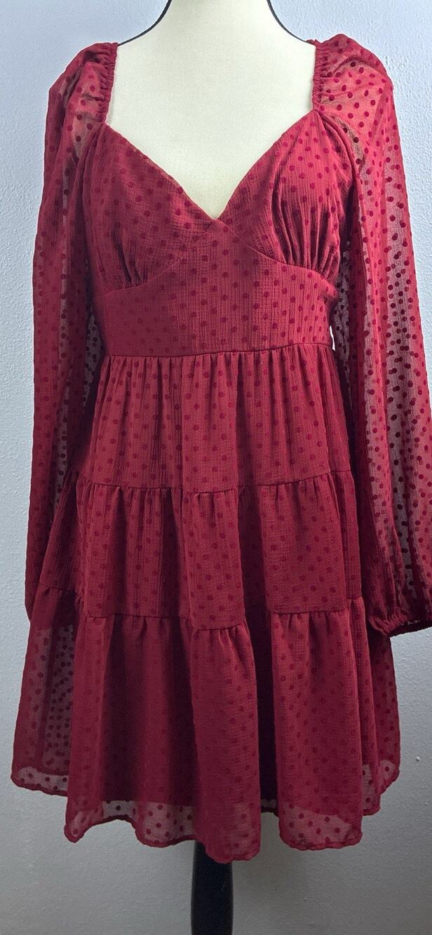 Altered State Sz L Burgandy Seraphina Zip Babydoll Ballon Slv Tiered Polka Dot